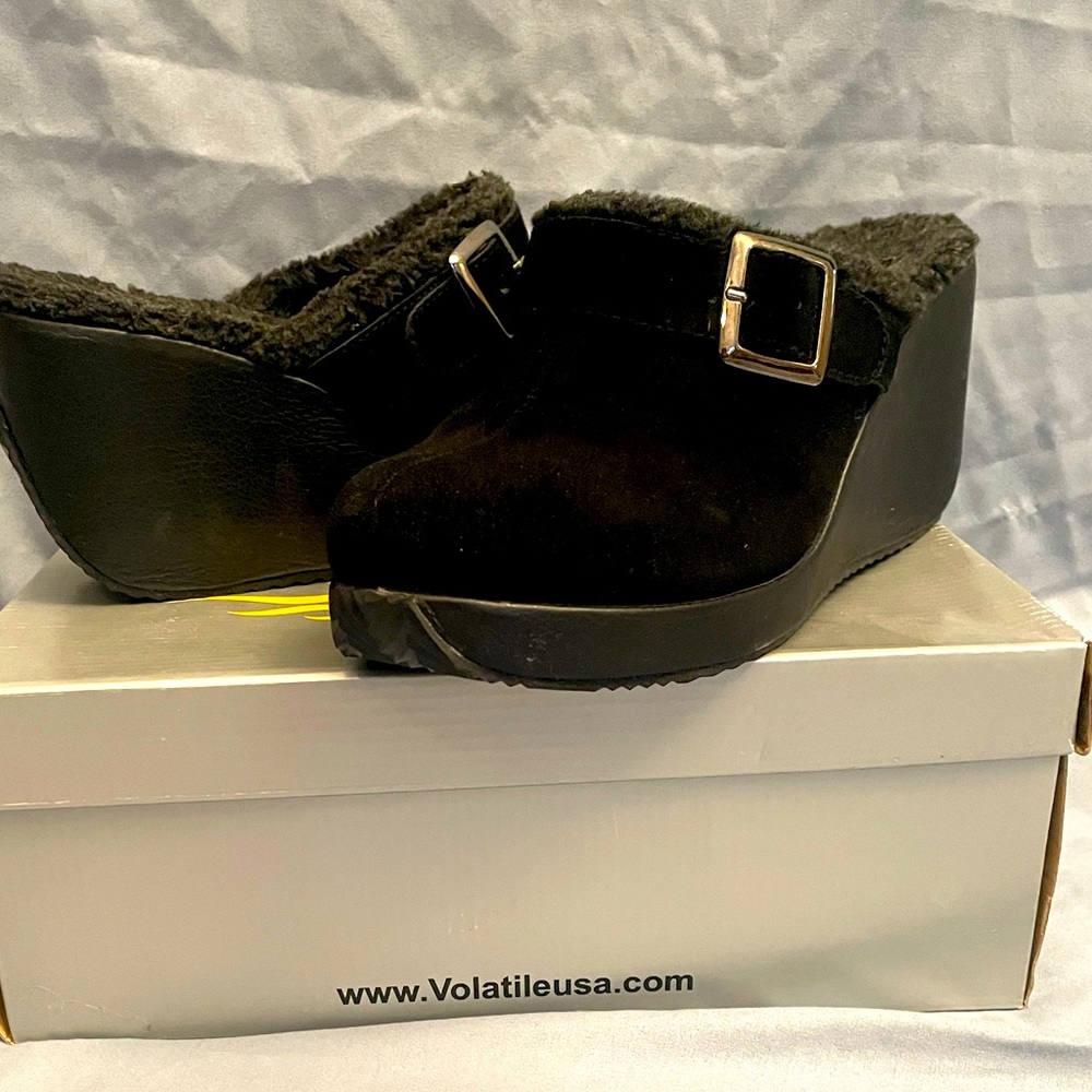 Volatile Black Suede and Faux Fur Lionel Wedge Platform Clog w/Buckle Detail